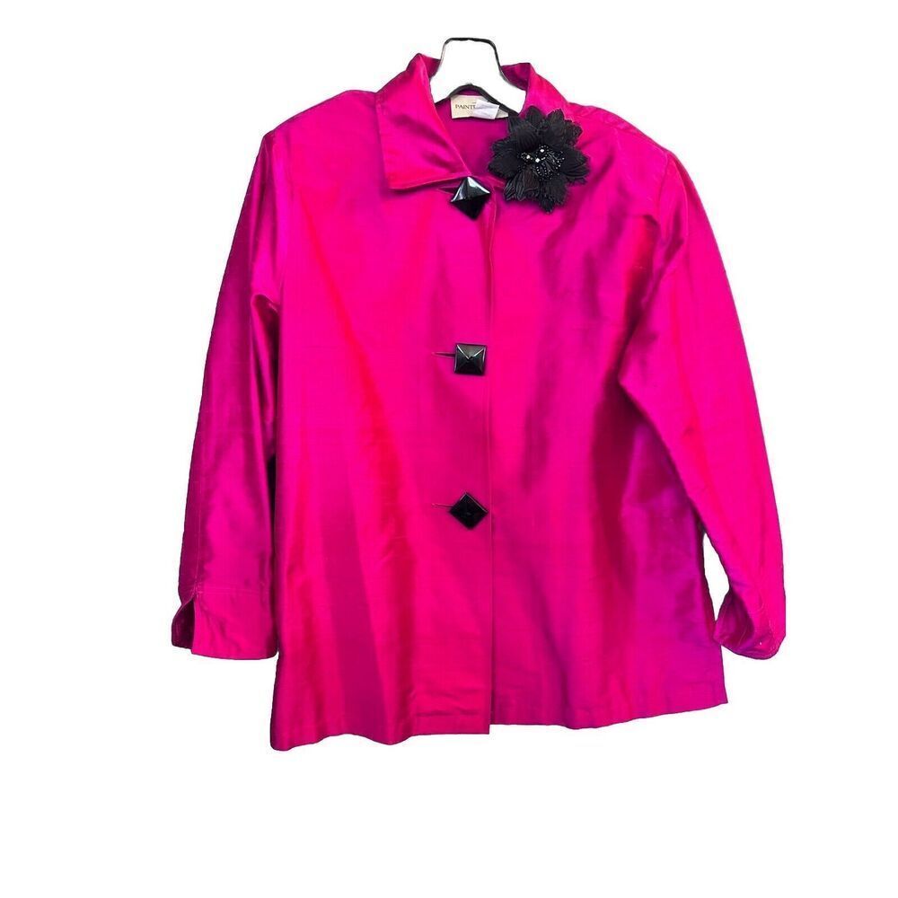 Vintage Painted Pony Jacket Womens Medium Hot Pink  Shiny‎ 100%Silk Artsy Career